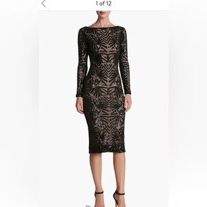 Dress The Population Emery Sequin Bodycon XS Black Long Sleeve Scoop Back Dress